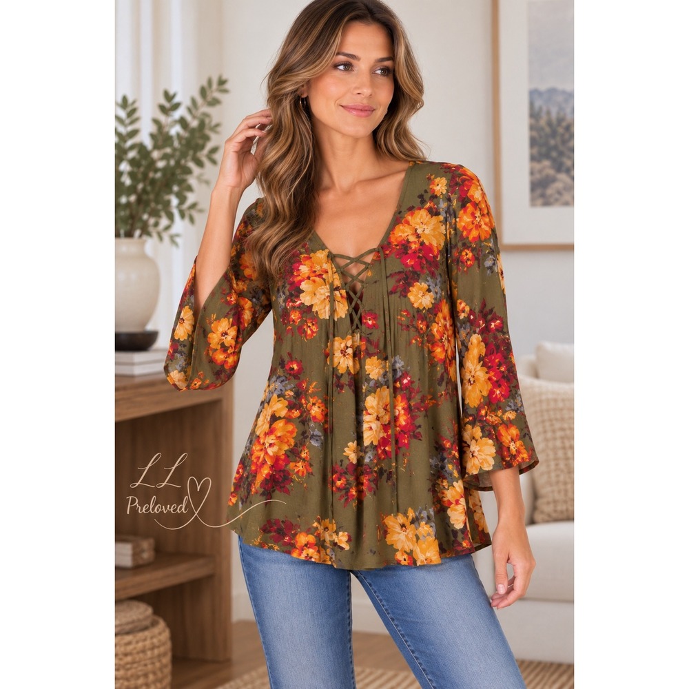 Blu Pepper Floral Tunic Womens Small Green Lace Up Bell Sleeve Boho Cottagecore